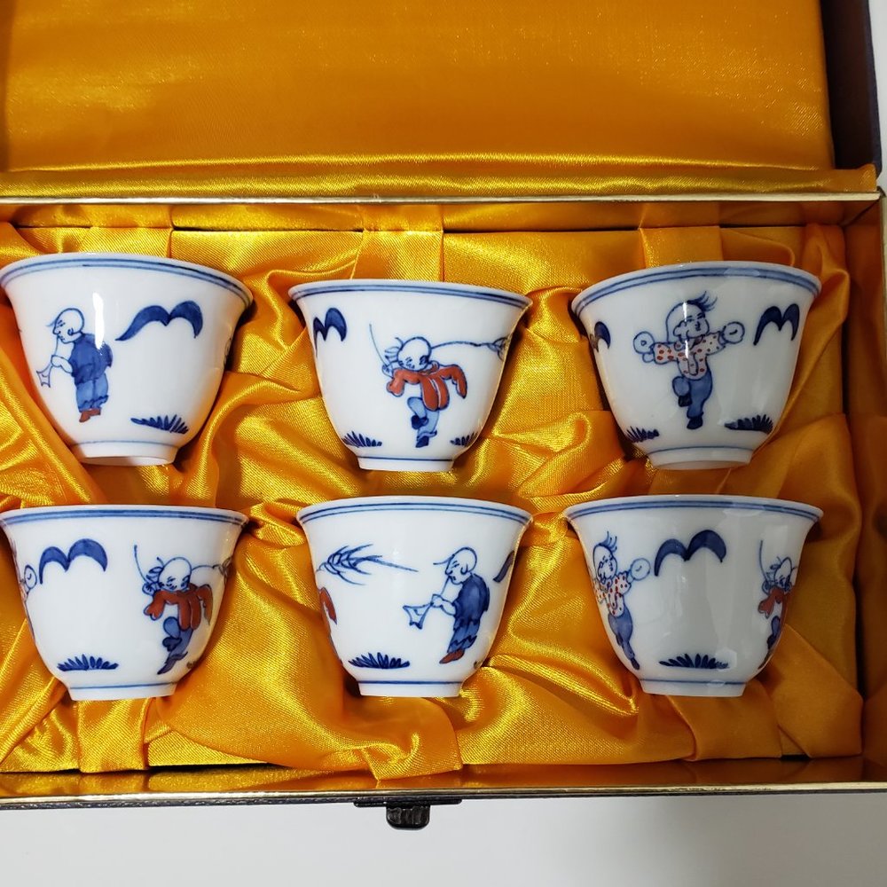 National Palace Museum Porcelain Ming Dynasty Replica Cups Box Set H4.5cm